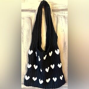 Black w/White Hearts Crochet Handbag Purse Tote Bag Shoulder Straps